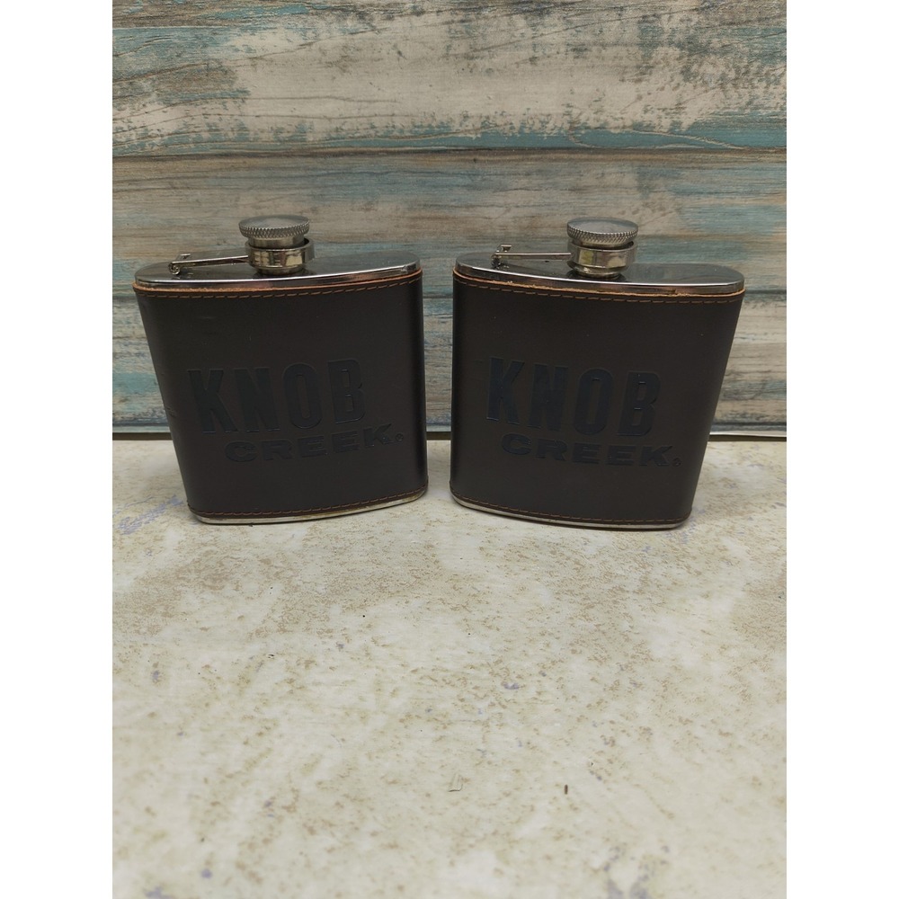 Lot Of 2 Knob Creek Flask Leather Wrapped Stainless Steel 6 oz Vintage Bottle